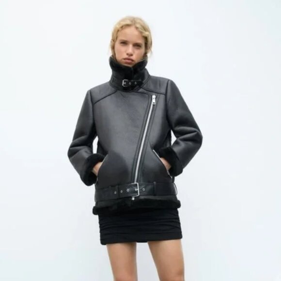 Zara Jackets & Blazers - Zara Women's Black Aviator Faux Leather Shearling Double-Faced Biker Jacket XS